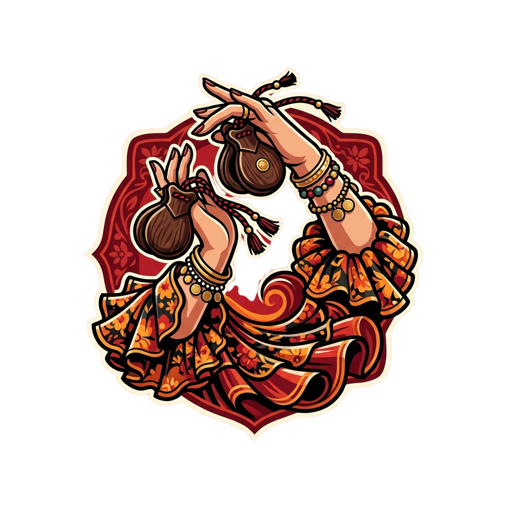 Illustration of a dancer in traditional attire playing hand drums and cymbals in a dynamic pose