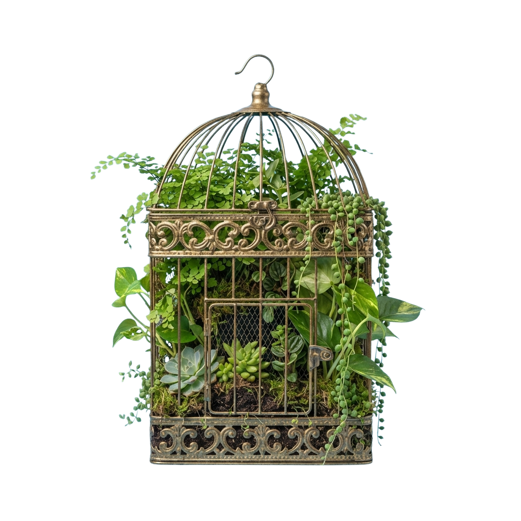 An ornate brass birdcage filled with lush green plants and succulents against a black background
