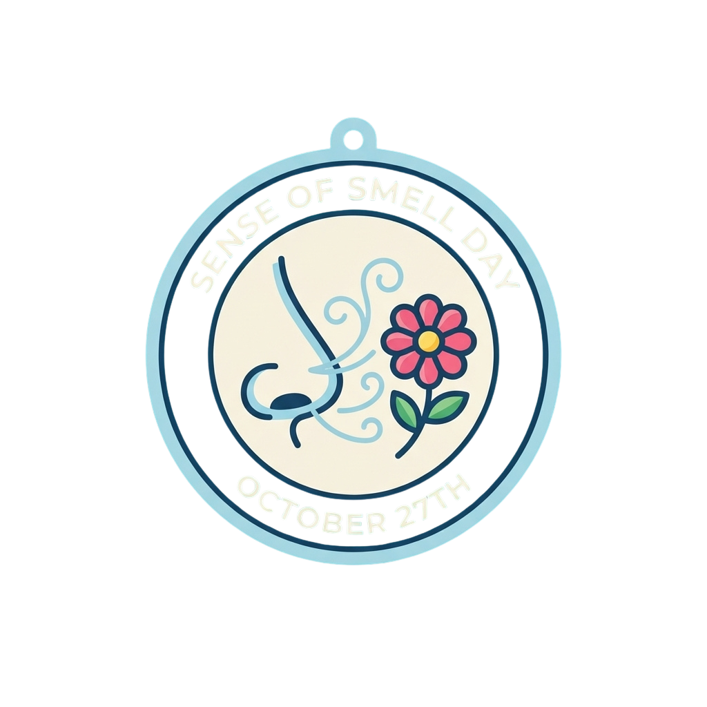 Round badge celebrating Sense of Smell Day on October 27th with a nose graphic and flower illustration