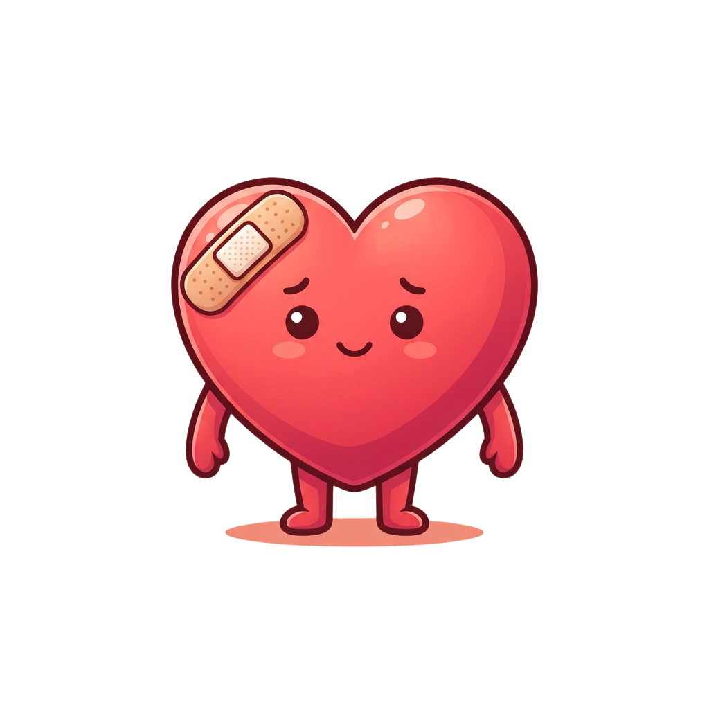 A smiling heart-shaped character with a bandage on its upper left side