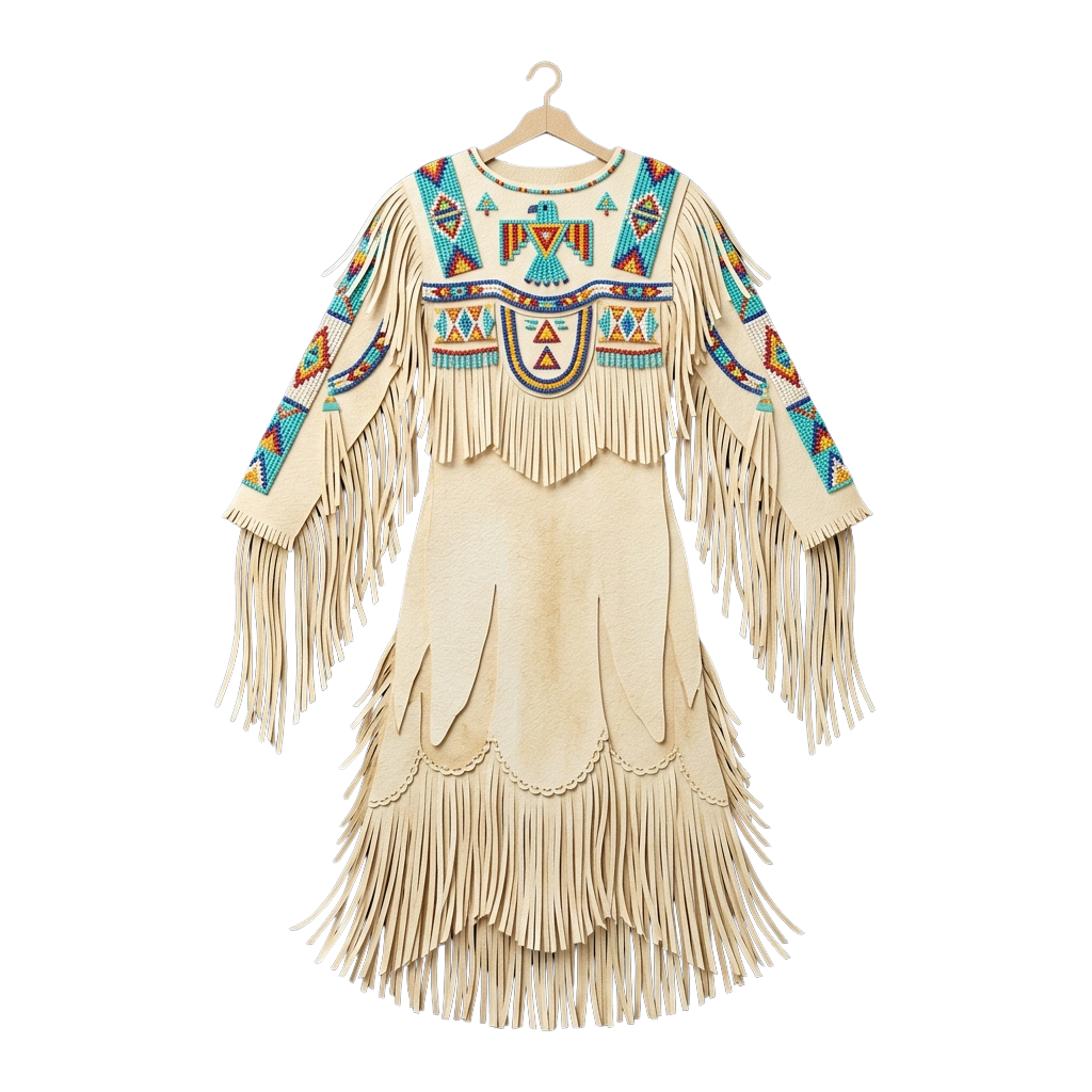 Beaded Native American dress with fringe hanging on a hanger against a black background