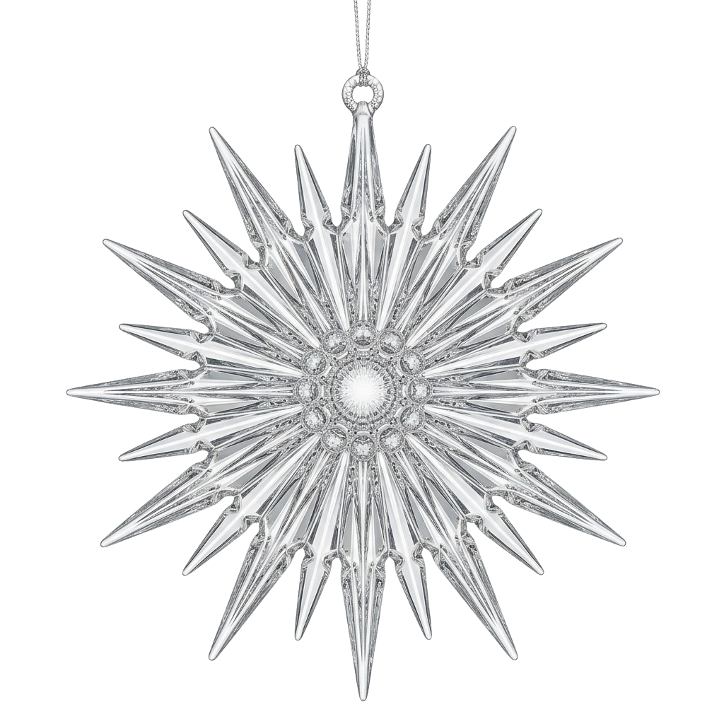 A clear crystal star-shaped ornament with sharp points and a loop at the top for hanging