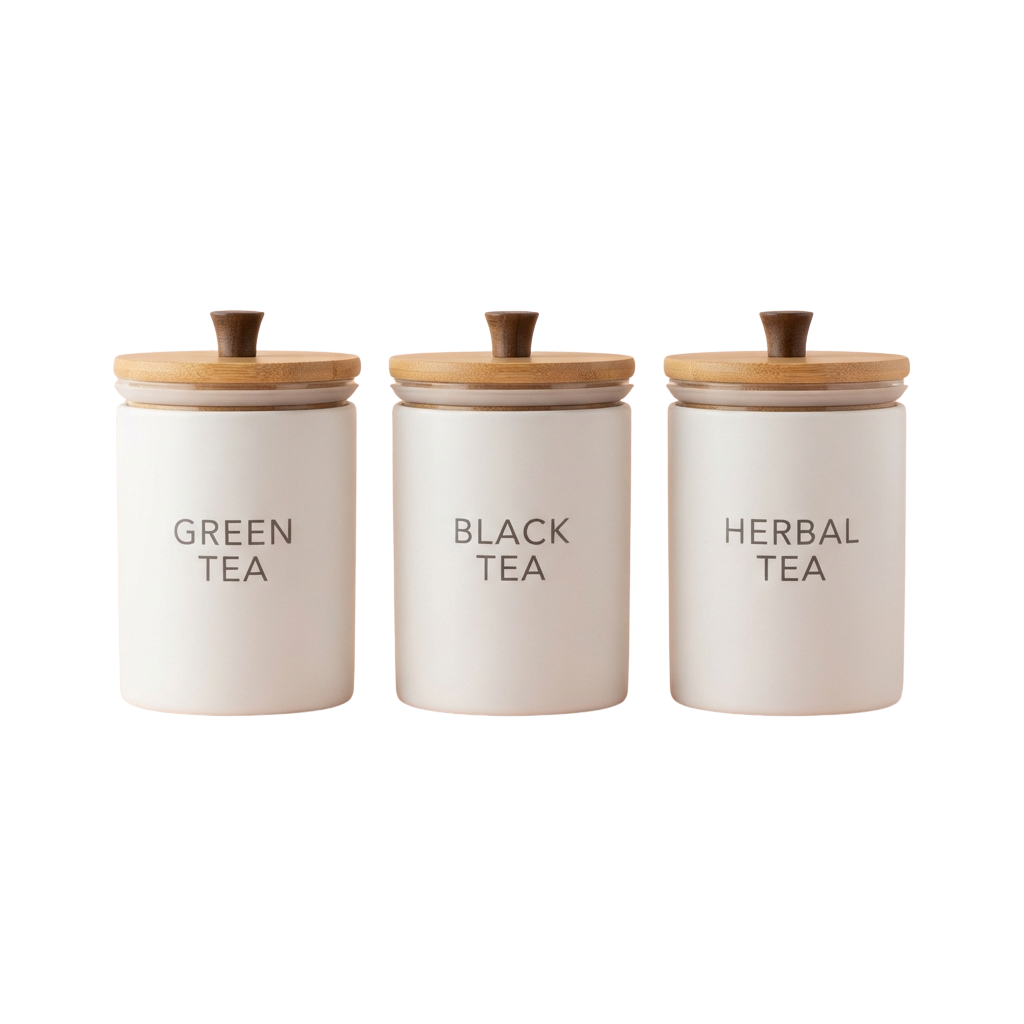 Three white ceramic jars with wooden lids labeled Green Tea, Black Tea, and Herbal Tea