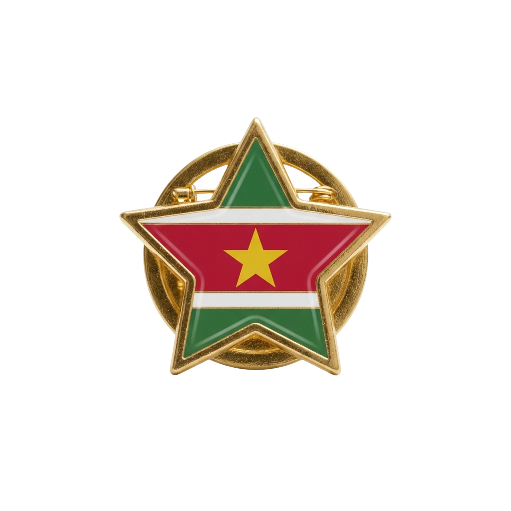 Gold star-shaped pin featuring the national flag of Suriname with green, white, and red colors and a yellow star