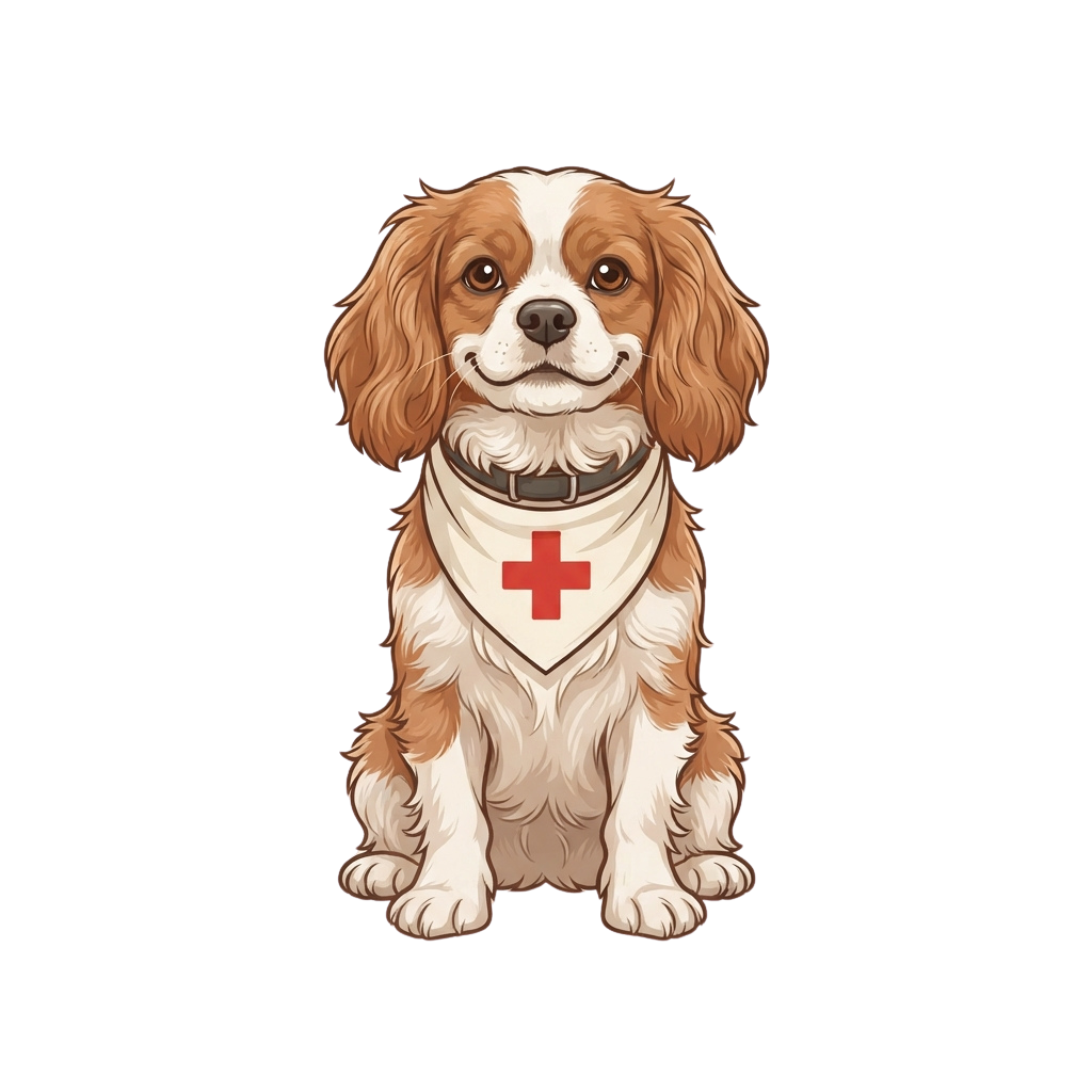 A smiling Cavalier King Charles Spaniel wearing a white bandana with a red cross