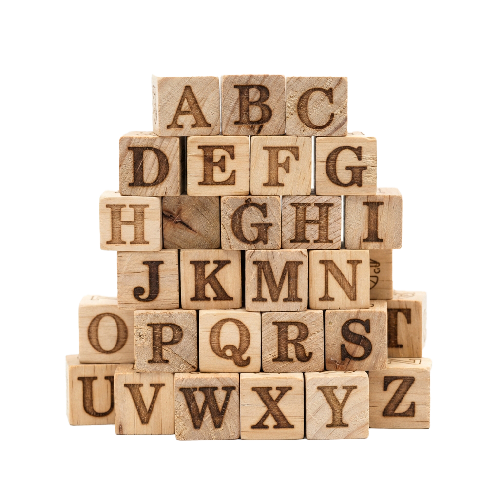 A pyramid made of wooden blocks with each block displaying a letter from A to Z