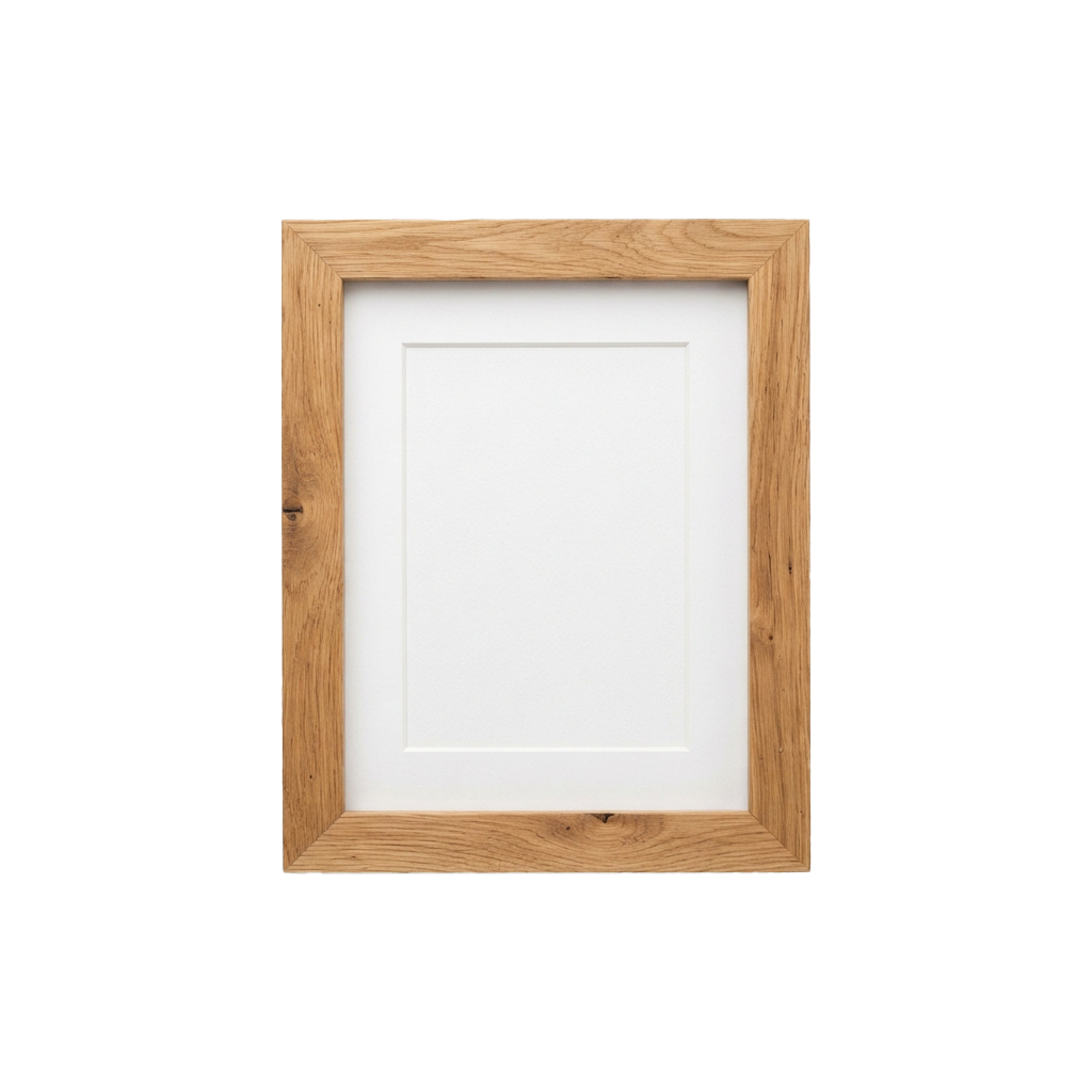 A plain wooden frame with a natural finish and a white mat inside, ready for artwork