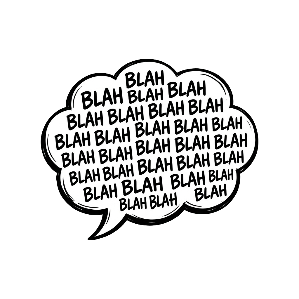White speech bubble filled with repeated word blah on black background