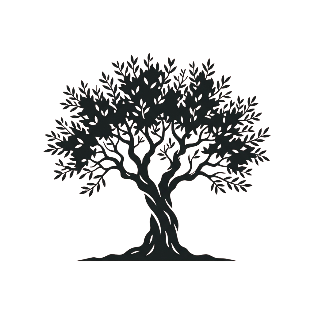 A stylized, minimalist line drawing of a large, full tree with intricate branches and leaves on a dark background