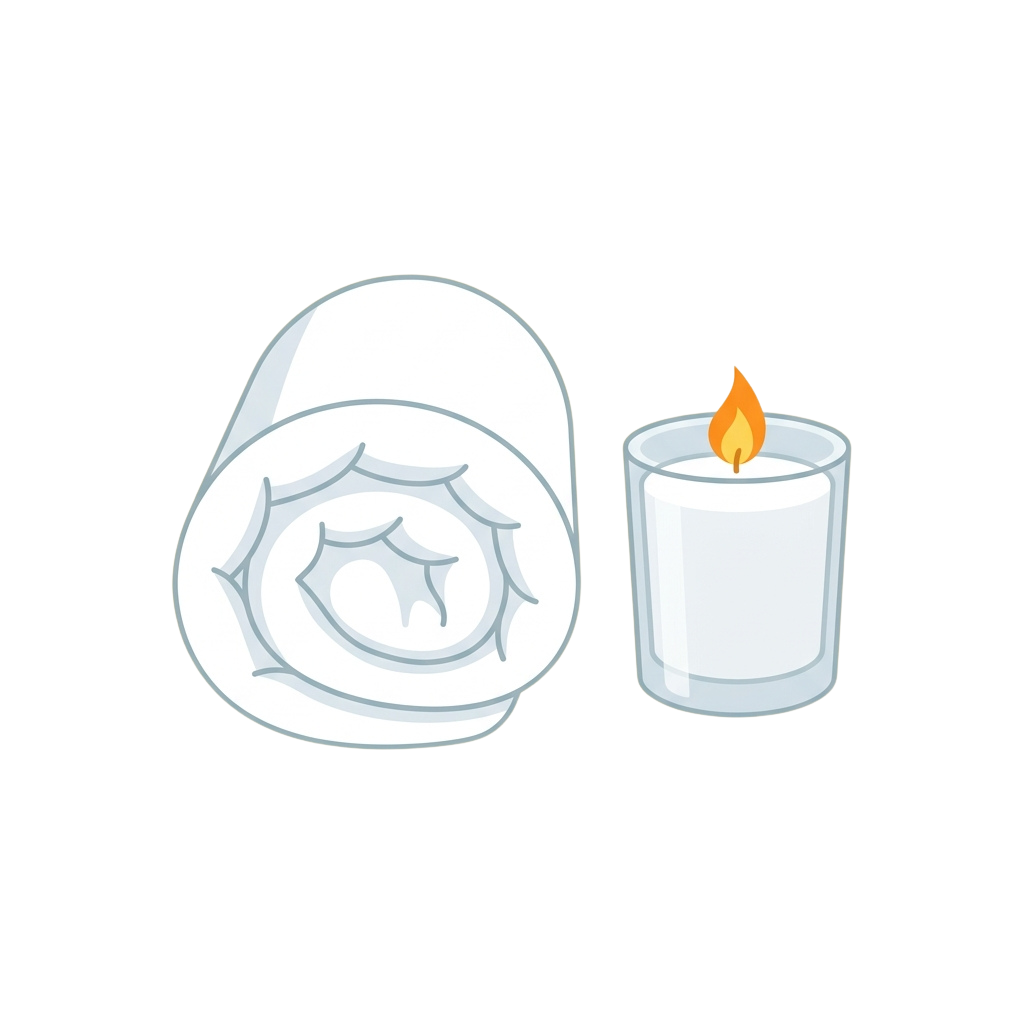 A lit candle next to a wax seal with a decorative pattern