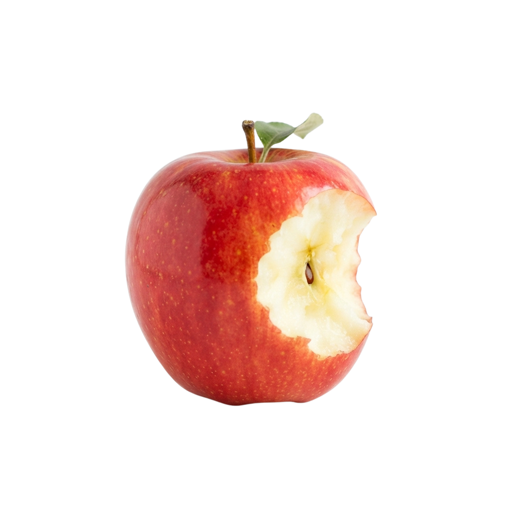 A red apple with a bite removed, showing the white inner flesh and green stem.