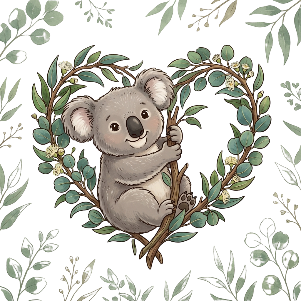 Cute Koala in Heart Leaf Frame PNG