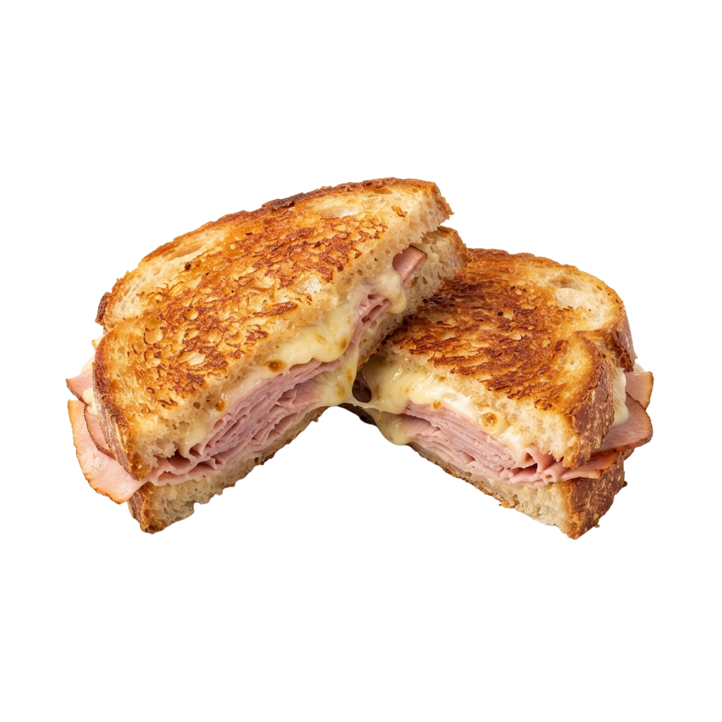 Grilled ham and cheese sandwich with melted cheese and toasted bread halves.