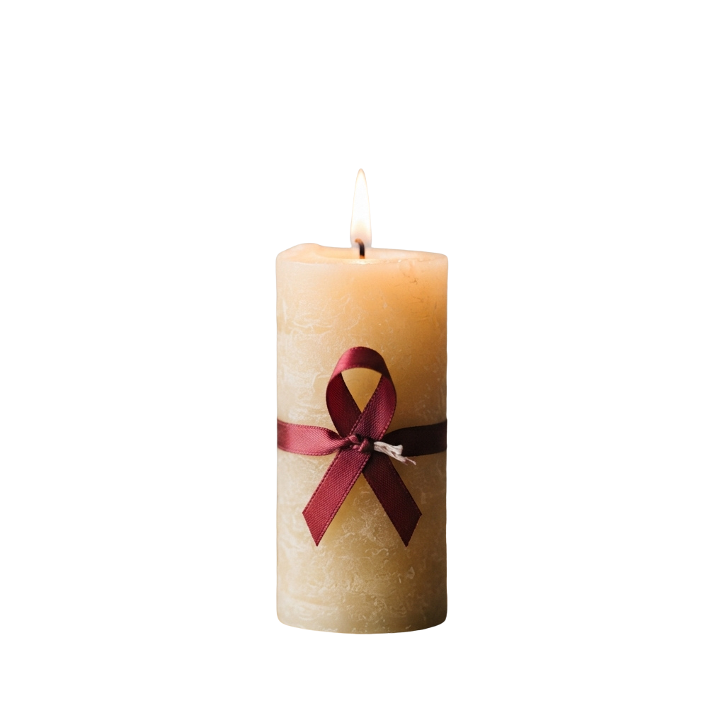 A lit candle wrapped with a red ribbon tied in a bow