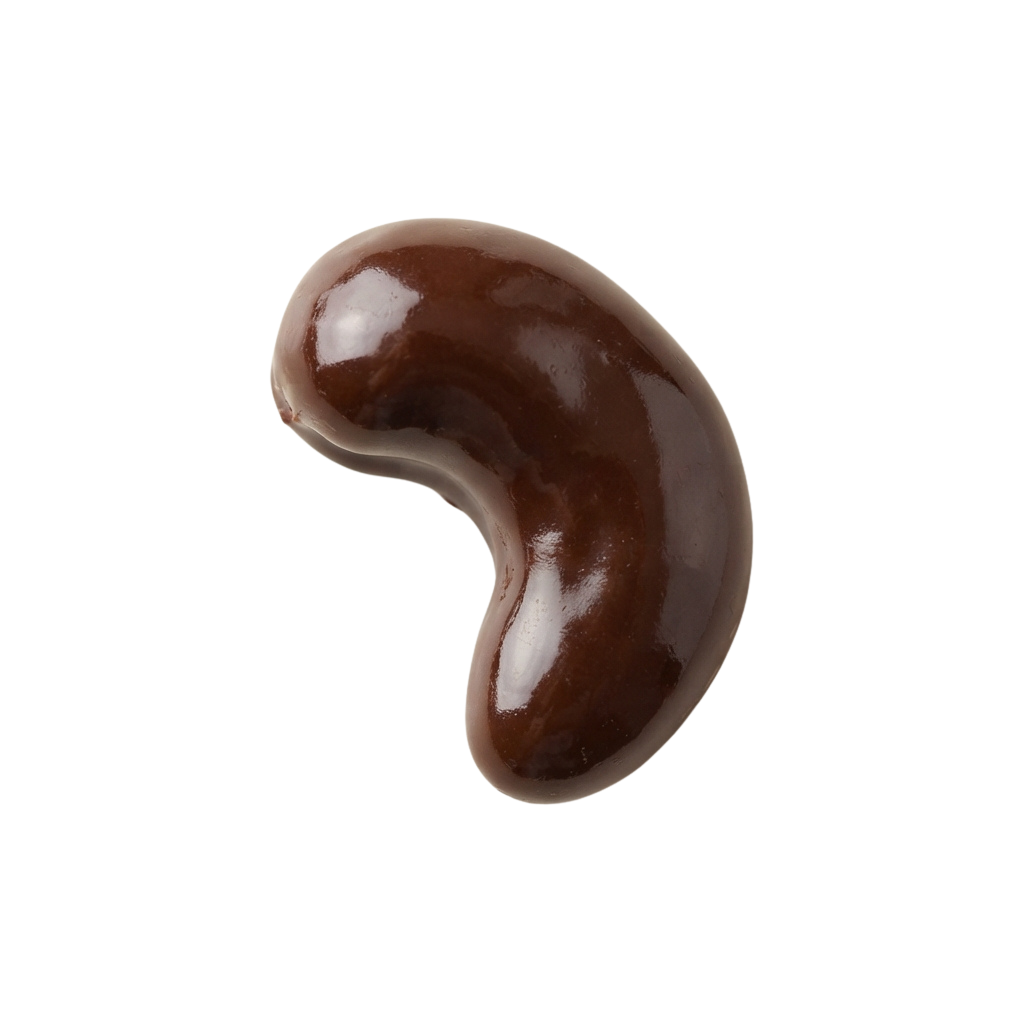 A glossy, dark chocolate truffle with a smooth, rounded shape and slight sheen