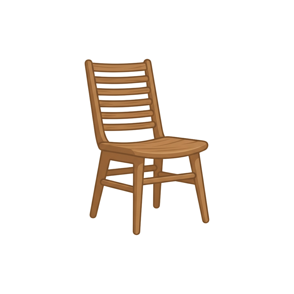 A single wooden chair with ladder-style back and rounded seat against a dark background