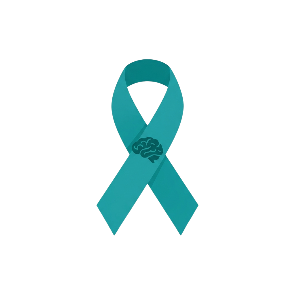 A turquoise awareness ribbon featuring a brain graphic symbol