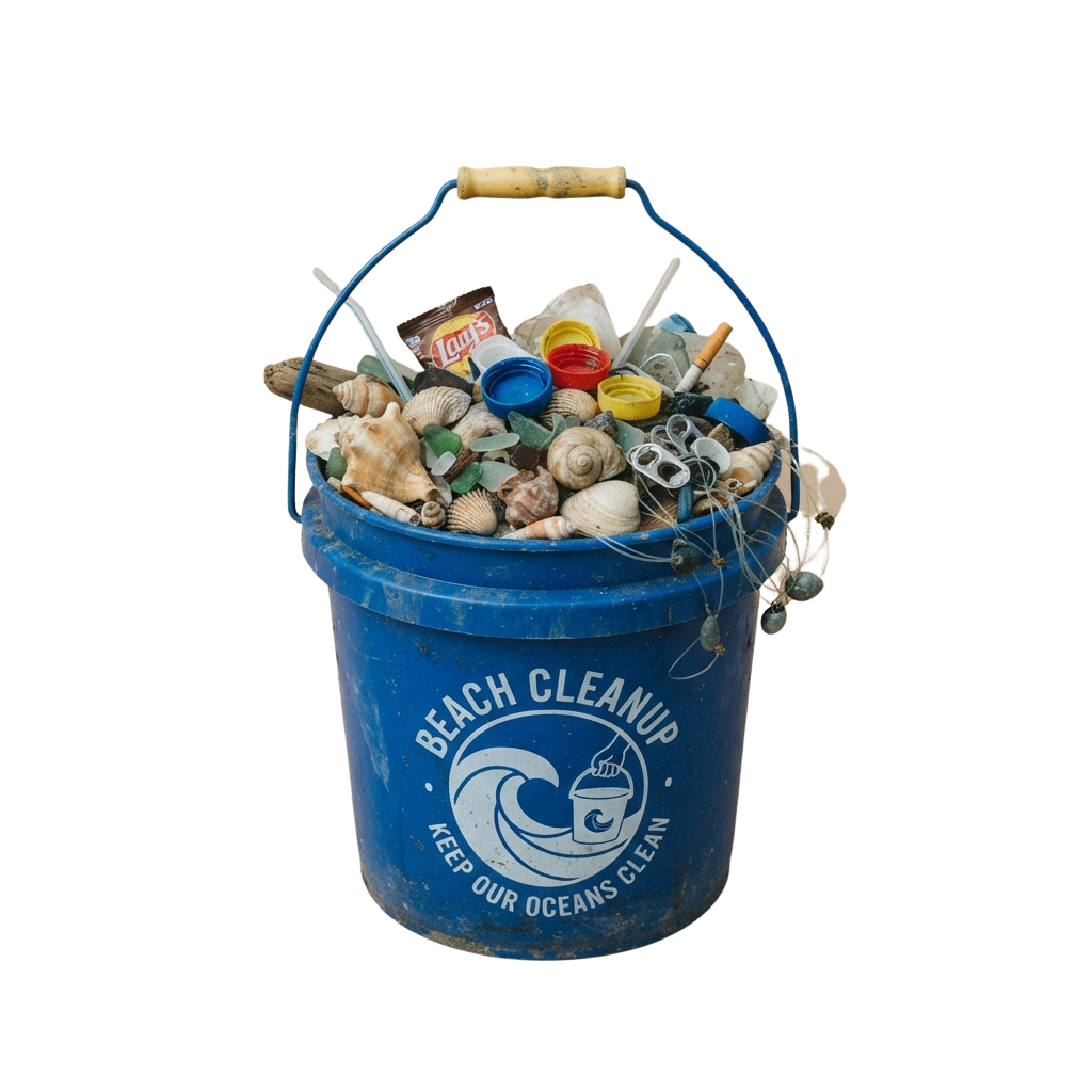 Blue bucket labeled Beach Cleanup with trash and seashells inside