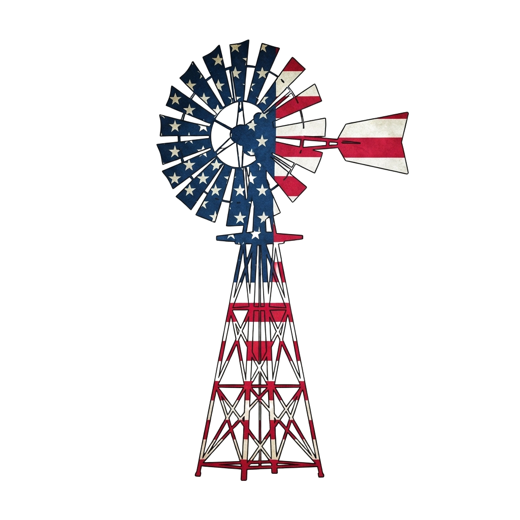 Illustration of a windmill with blades designed like the American flag featuring stars and stripes