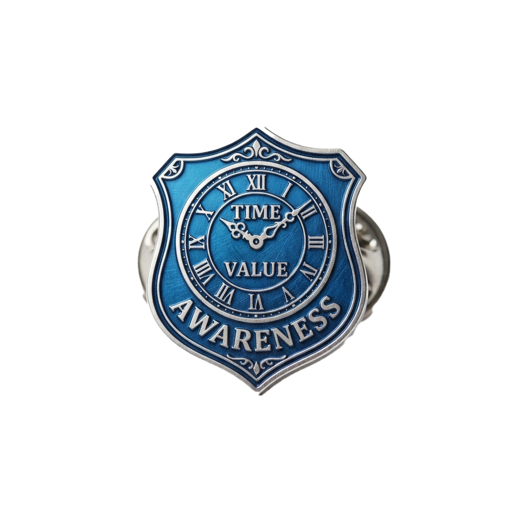 Shiny blue badge with clock and words Time Value Awareness