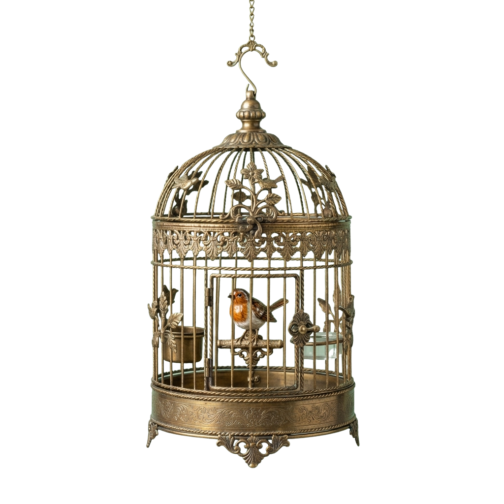 Decorative antique birdcage with intricate metalwork and a small bird perched inside
