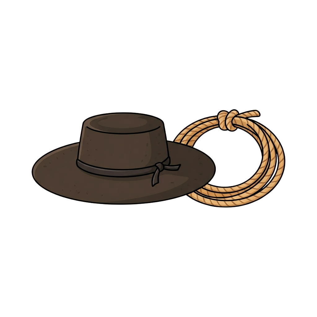 Illustration of a brown cowboy hat with a braided leather cord tied around its base