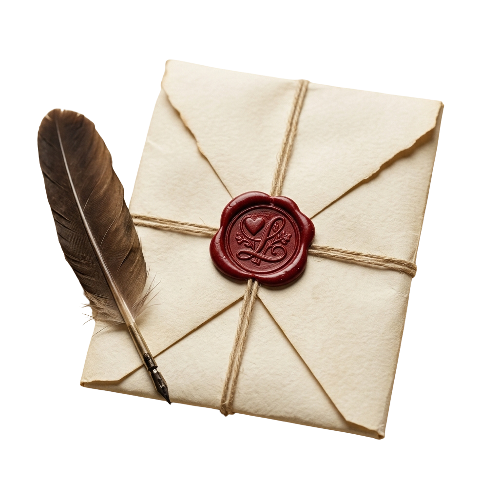 A sealed envelope tied with twine, stamped with a wax seal featuring a heart and leaf design, next to a quill and feather.