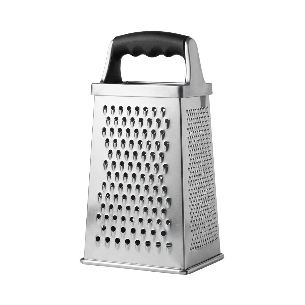A stainless steel box grater with a black ergonomic handle and multiple grating surfaces.