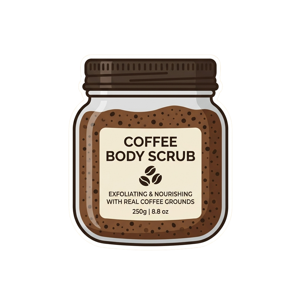 Jar of coffee body scrub with real coffee grounds, labeled exfoliating and nourishing, 250g