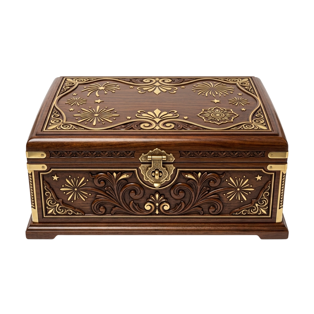 An intricately carved wooden box featuring gold inlaid floral and star patterns on dark wood with brass accents and a central clasp.