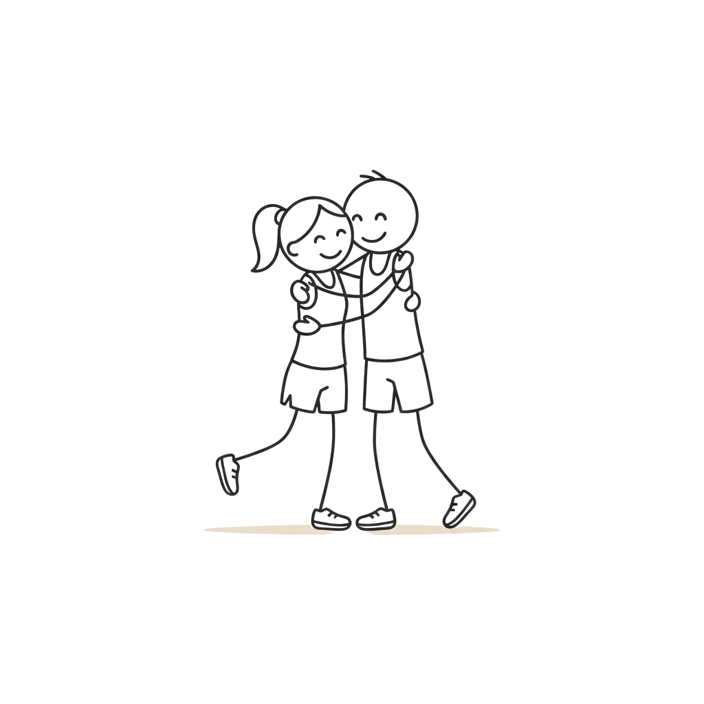 Two children standing close together embracing in a simple line drawing.