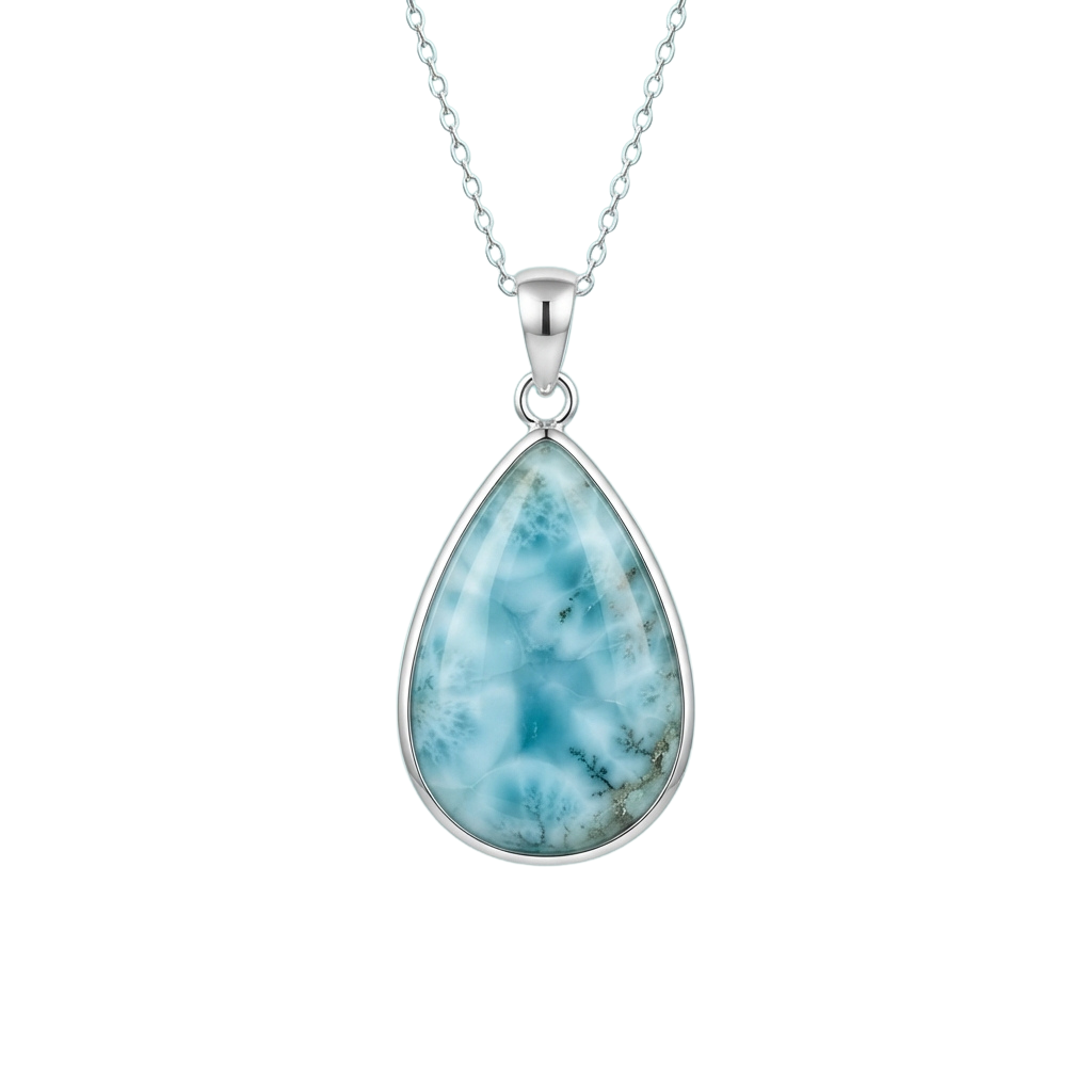 A silver pendant necklace featuring a teardrop-shaped Larimar stone with blue and white swirling patterns.