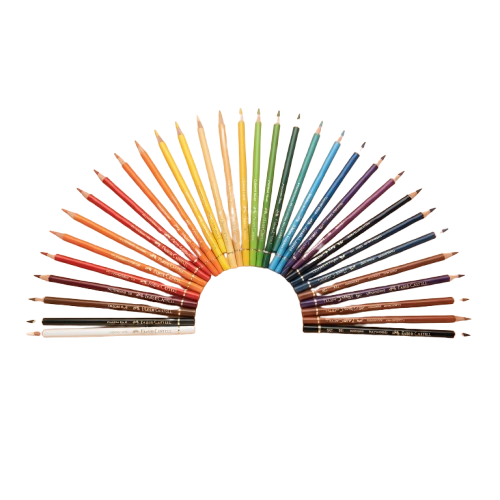 A collection of assorted gel pens arranged in a rainbow gradient fan shape against a black background