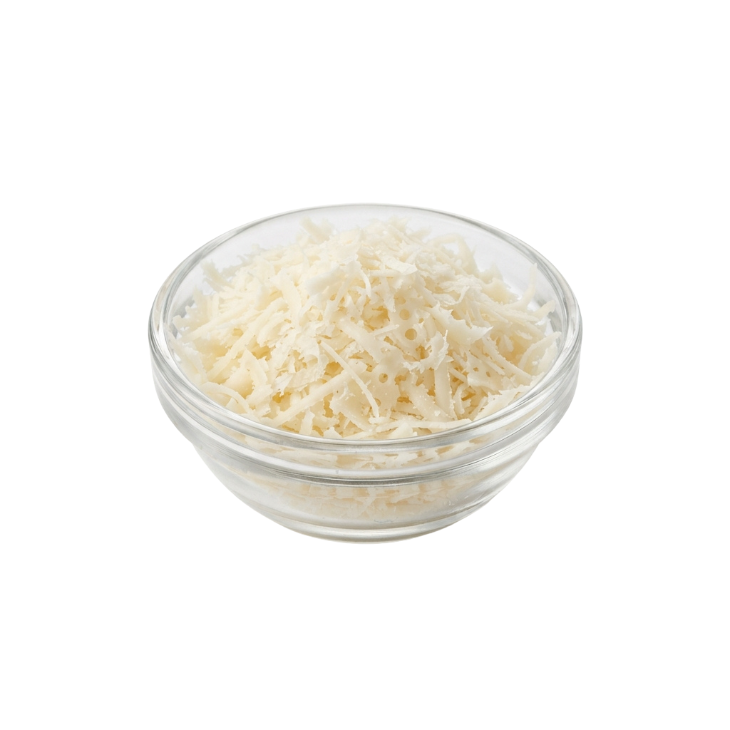 A clear glass bowl filled with shredded pale yellow cheese on a black background