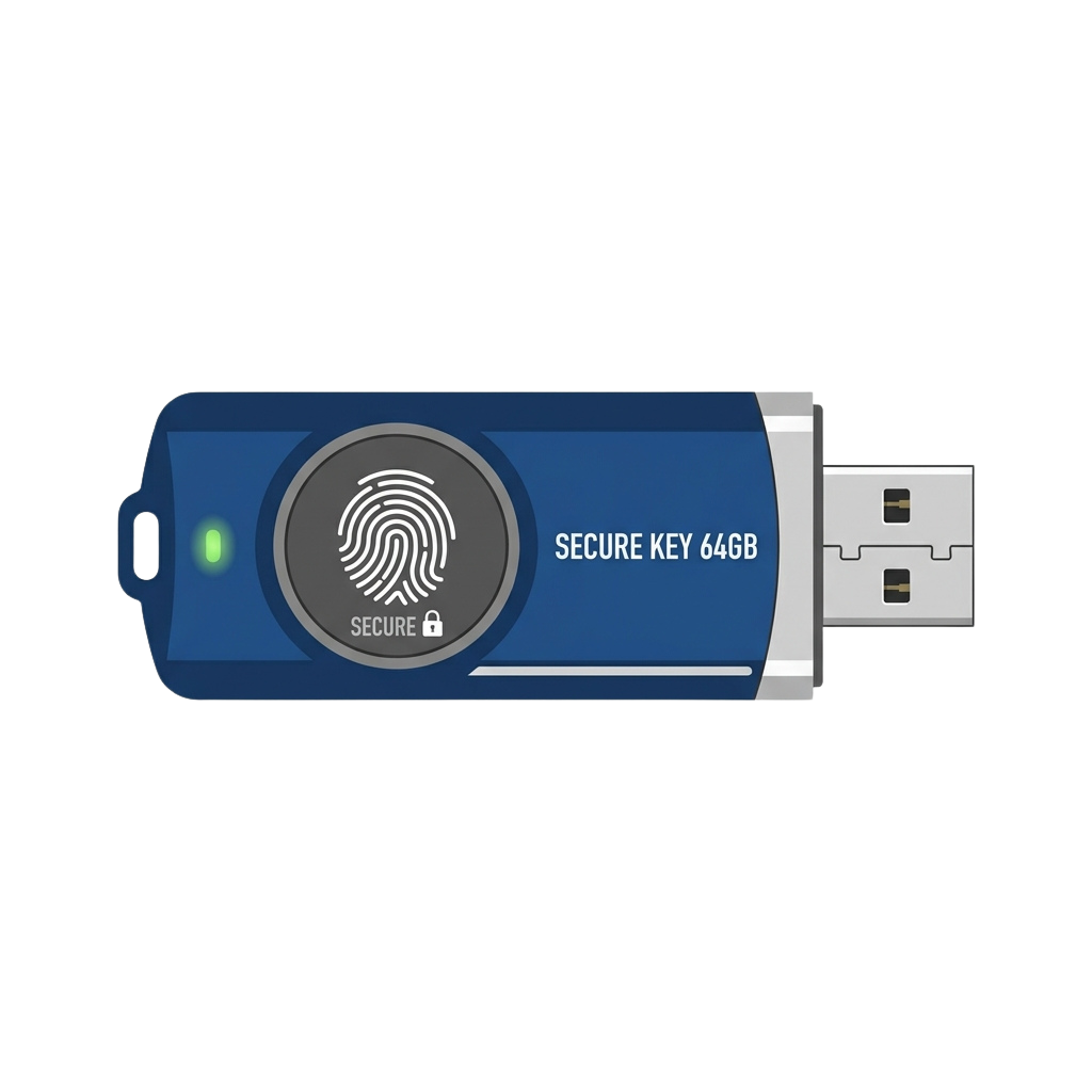 Blue USB flash drive with fingerprint scanner sensor and secure lock icon
