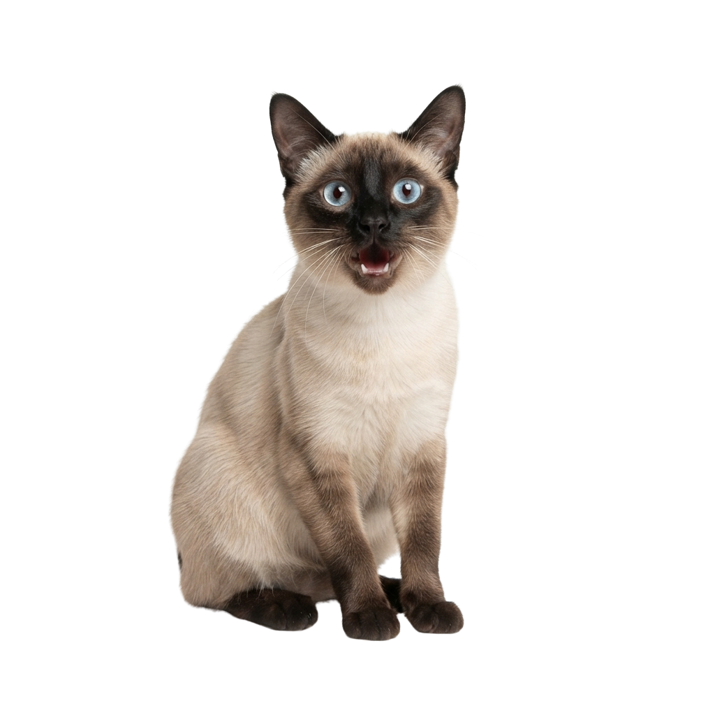 A Siamese cat sitting upright with striking blue eyes and an open mouth.