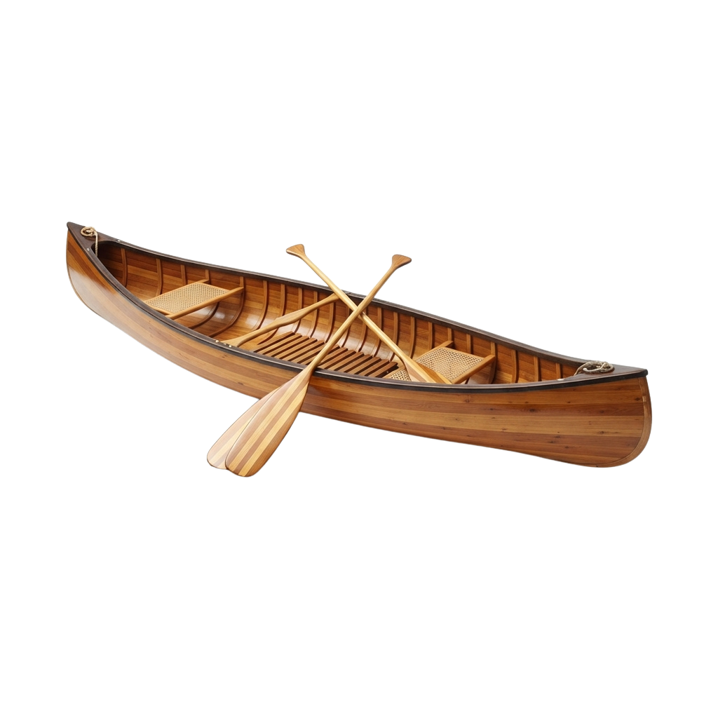 A wooden canoe with two paddles resting inside, shown against a dark background