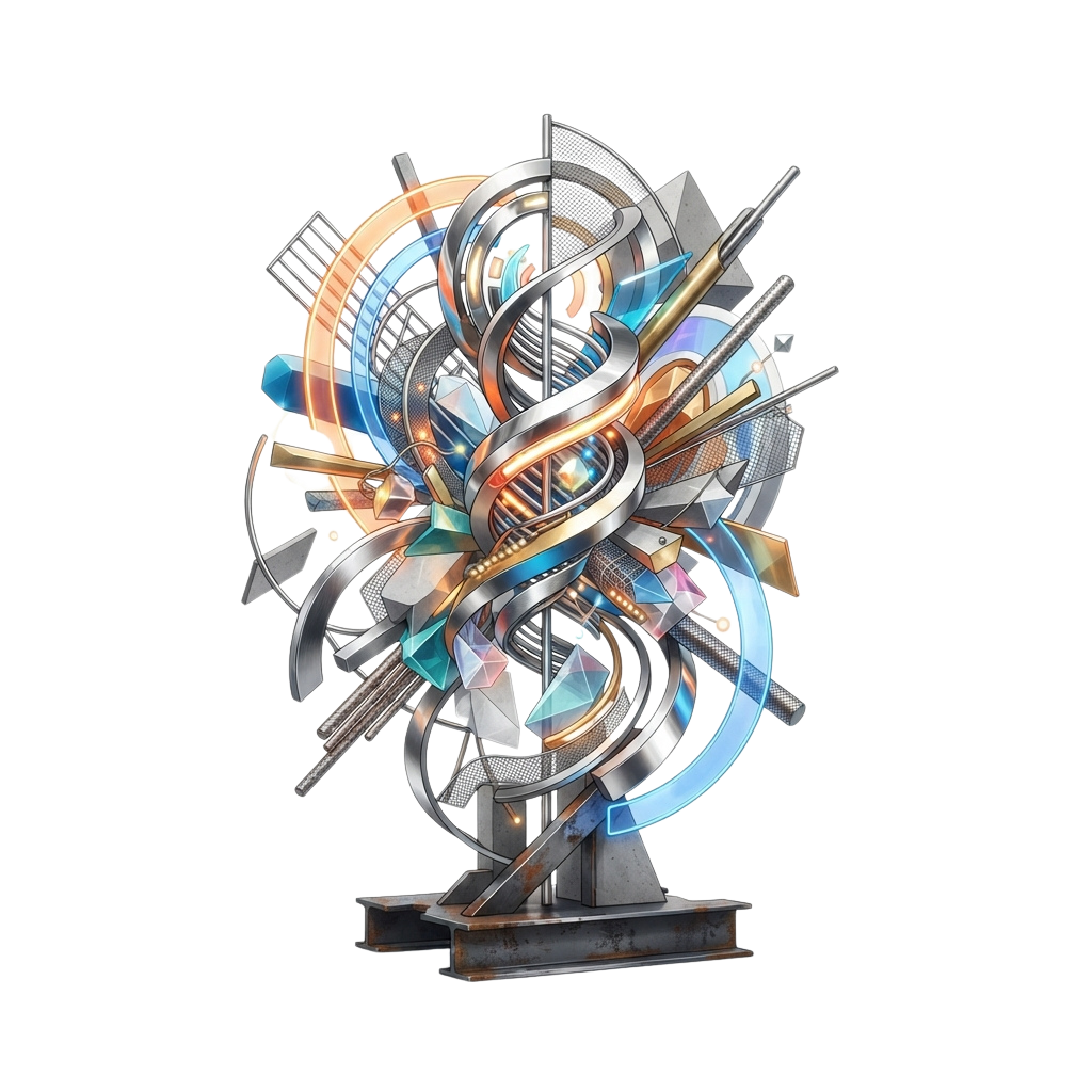 A complex, shiny metallic abstract sculpture with intertwined geometric shapes and dynamic curves on a dark background