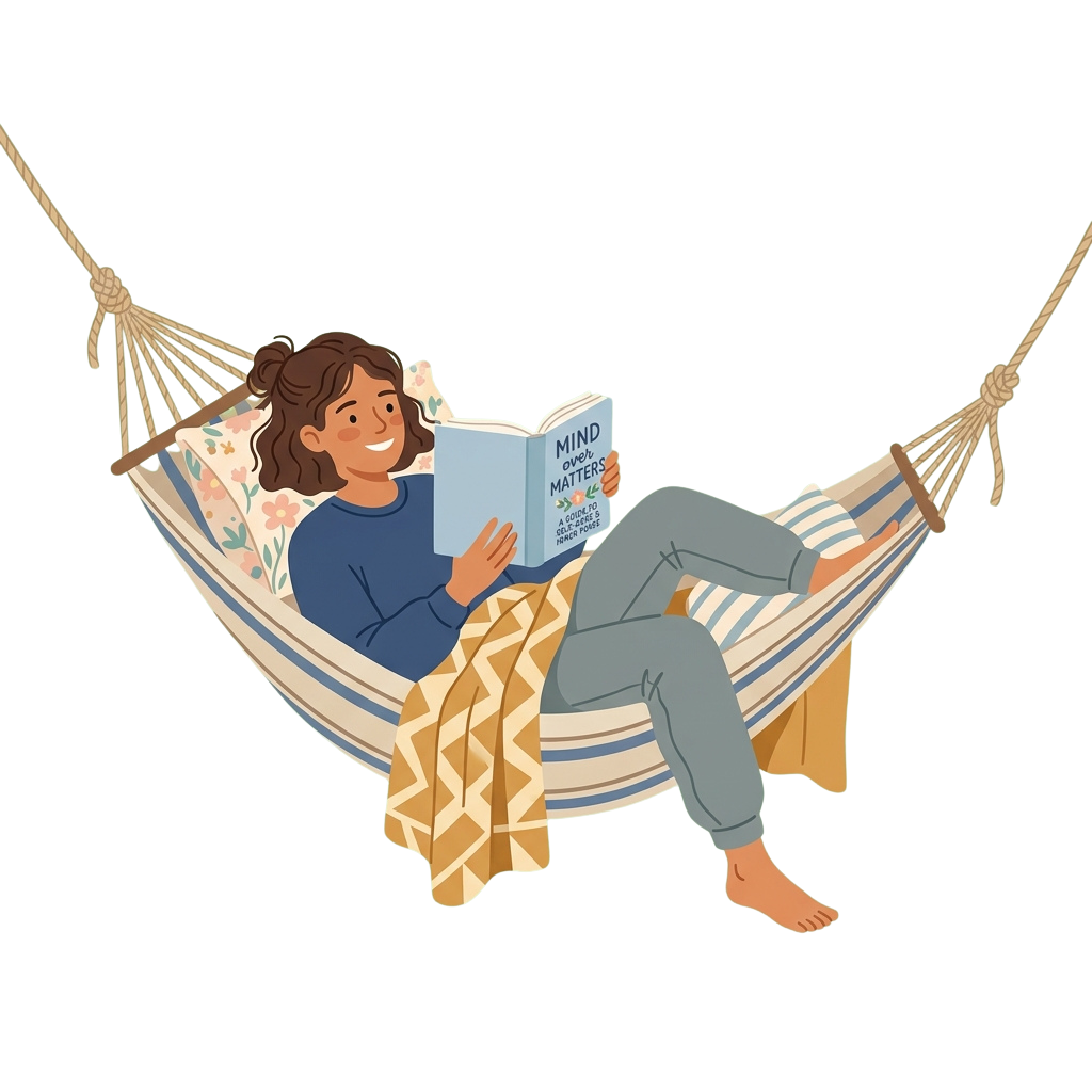 A person sitting in a hammock reading a book titled Mind Over Matter with a cozy blanket.