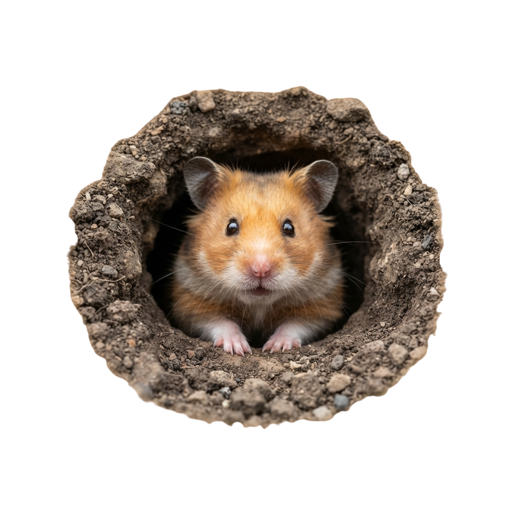 A small hamster with brown and white fur peeking out from a dirt tunnel