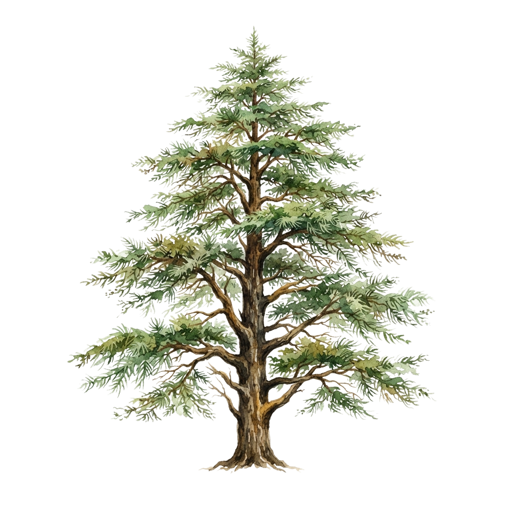 Illustration of a large evergreen tree with intricate bark and lush green needles against a black background