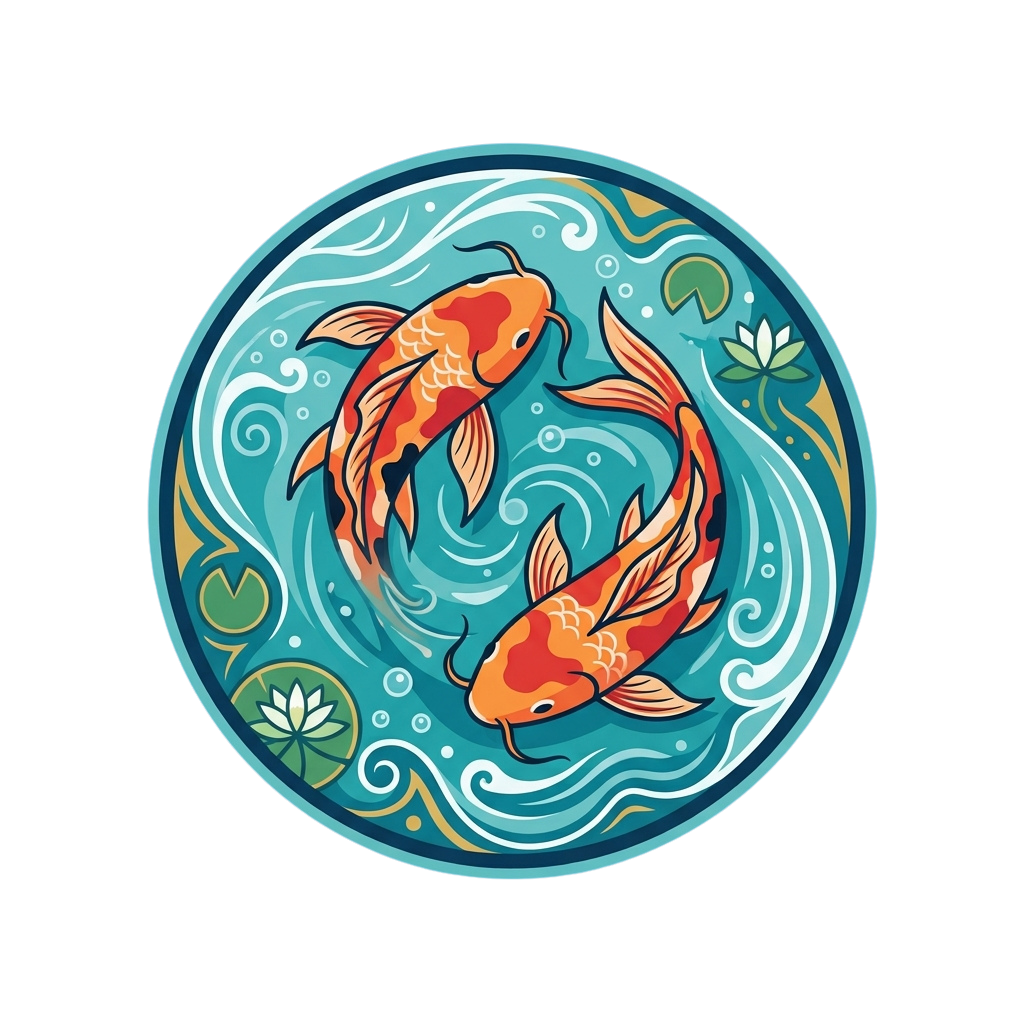 Two colorful koi fish swimming in a circular water pattern with lily pads and bubbles