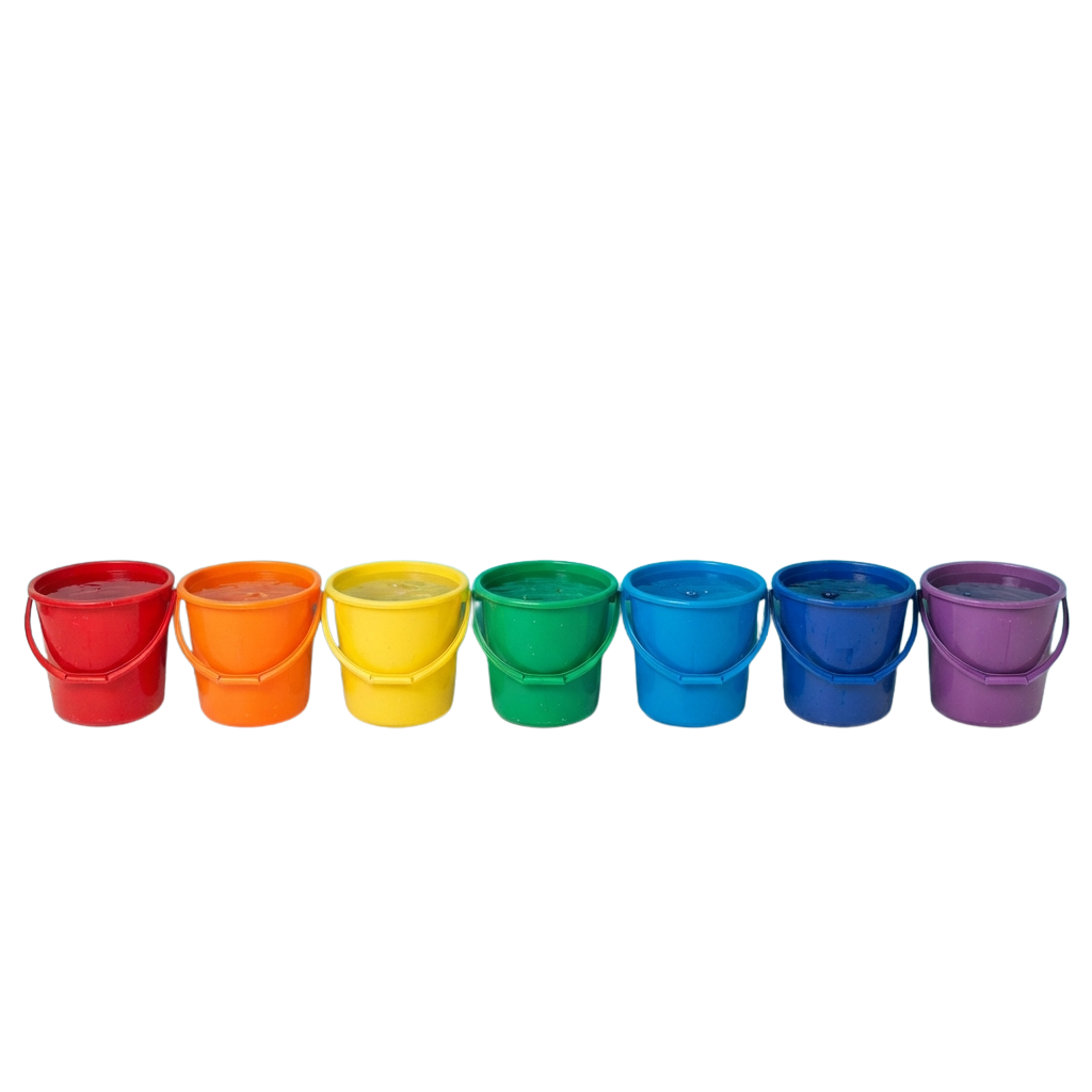 Seven colorful plastic buckets in a row with handles, colors red, orange, yellow, green, light blue, dark blue, and purple