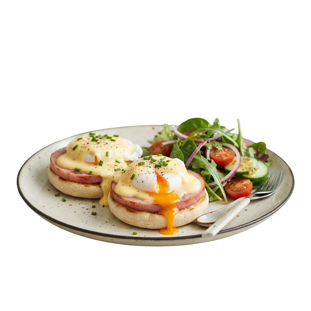 Two poached eggs on English muffins with ham, hollandaise sauce, and a side salad of greens, tomatoes, and cucumber