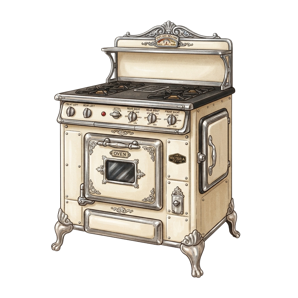 Illustration of an antique gas stove with ornate details, four burners, and an oven door labeled Oven