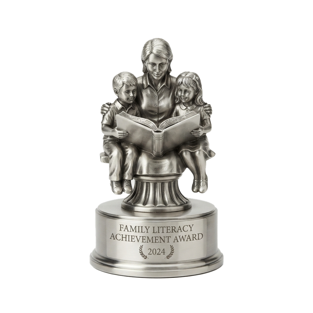 Award statue showing a woman and two children reading a book together on a pedestal labeled Family Literacy Achievement Award 2024