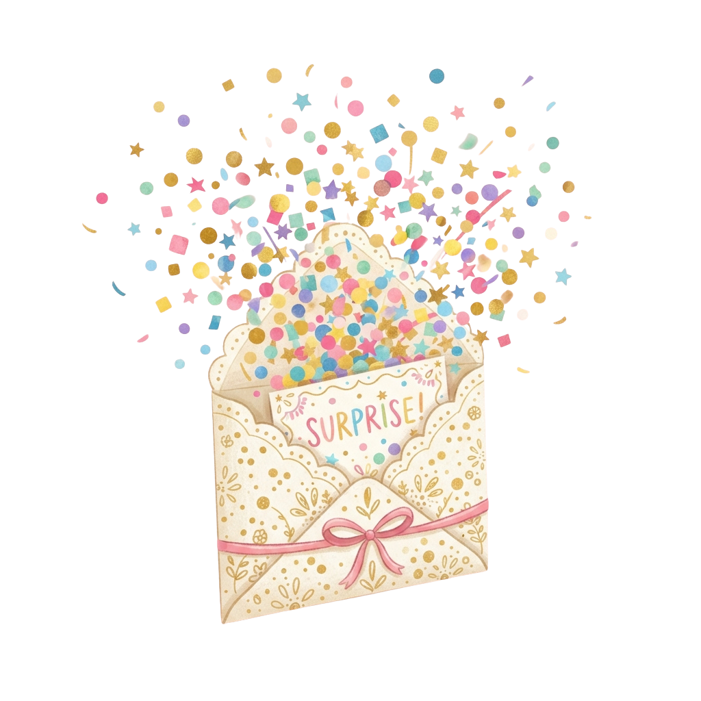Illustration of an open envelope labeled surprise filled with colorful confetti bursting out