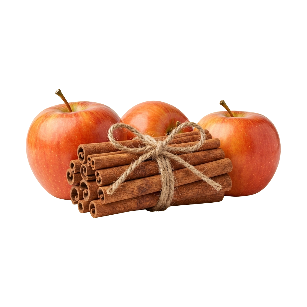 Three red apples with a bundle of cinnamon sticks tied together with twine