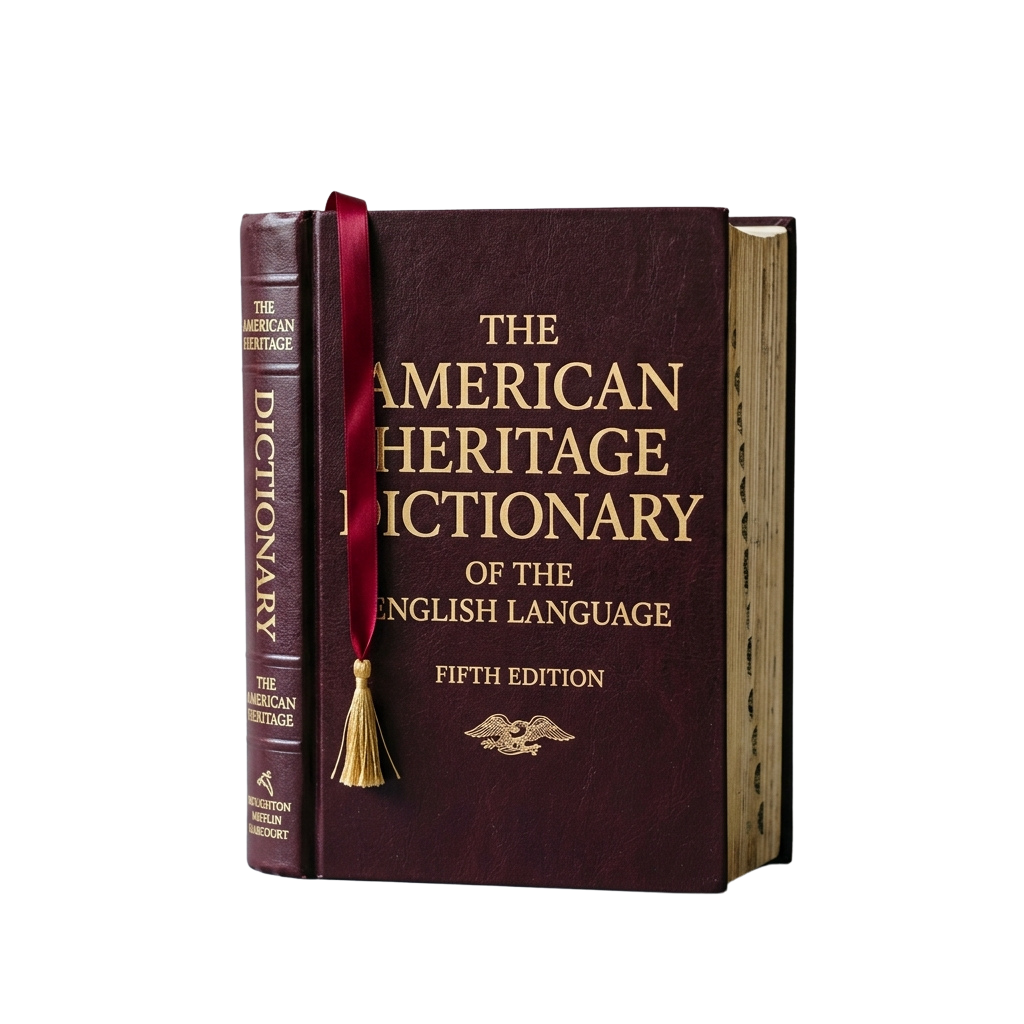 Dark brown dictionary book with red ribbon bookmark and gold tassel, labeled American Heritage Dictionary Fifth Edition