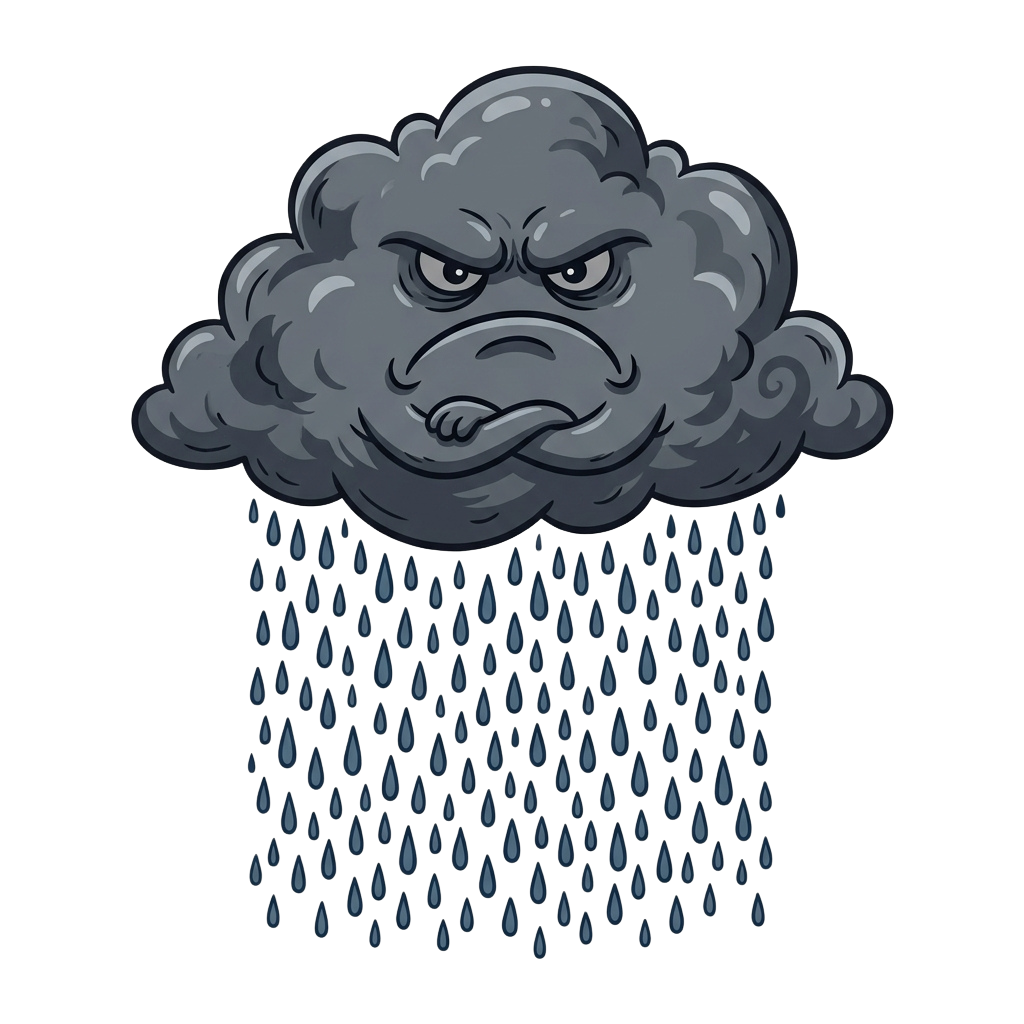 A cartoon-style angry cloud with a frowning face raining heavily